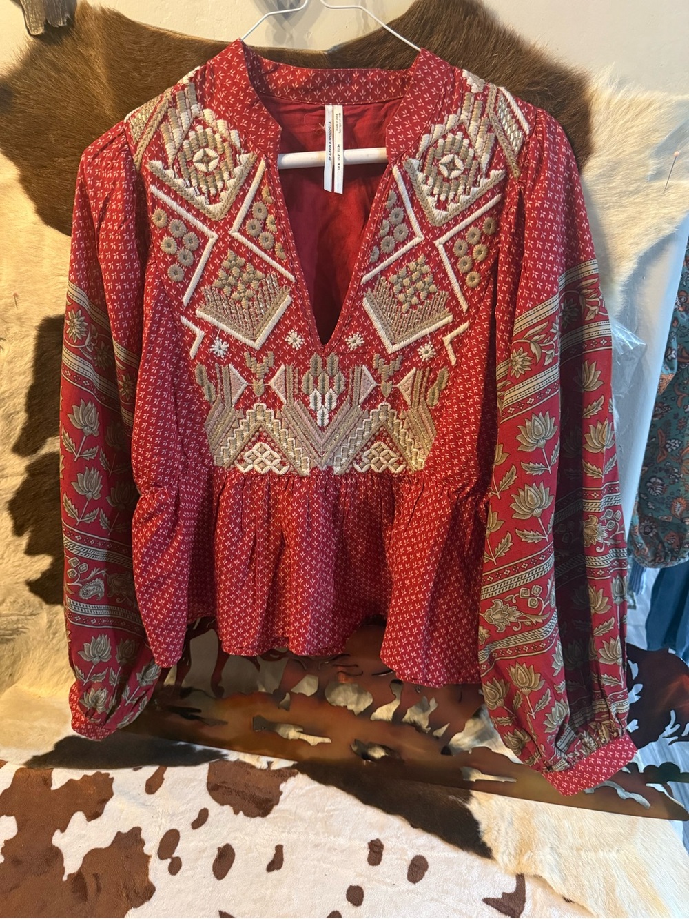 Anthropologie Red Embroidered Peasant Peplum Tunic